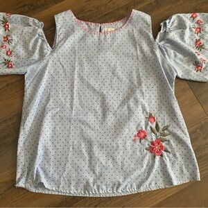 ❤️Cupio Women's Partial Off Shoulder, Women's Size Medium, Blue Floral Print
